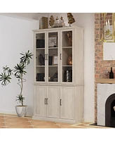 Famapy 5-Shelf Brown Wood Standard Bookcase With 3 Glass Doors and 3 Wood Doors