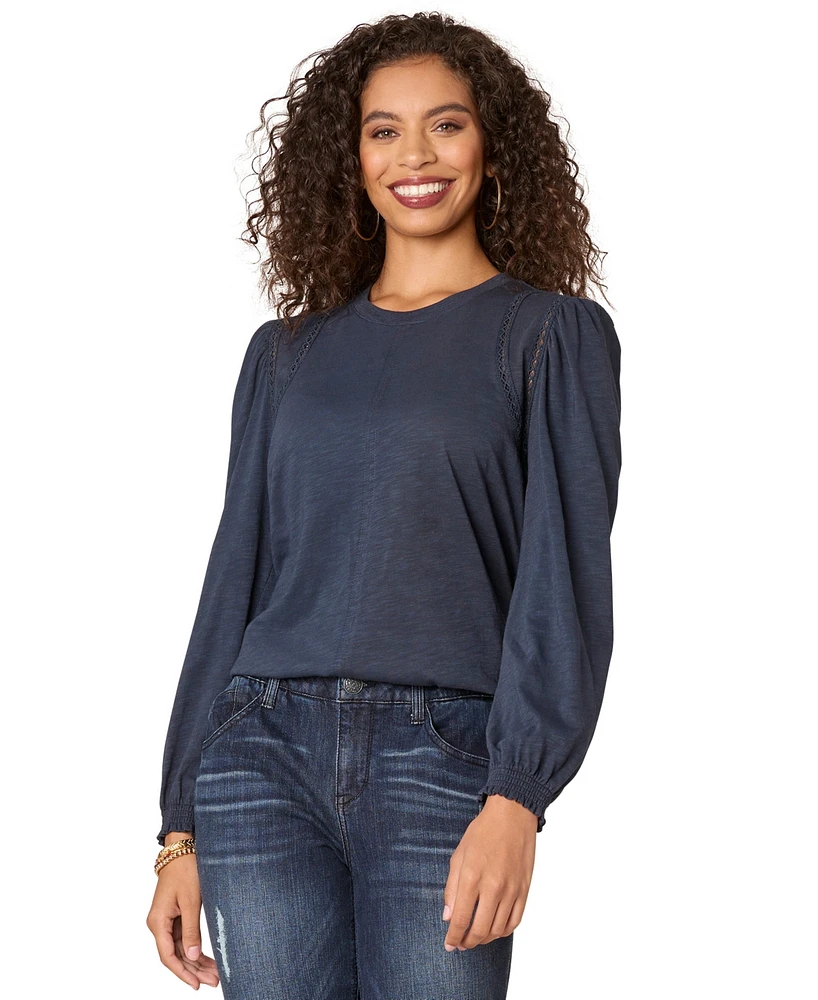 Democracy Petite Crewneck Crochet Long-Sleeve Top