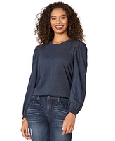 Democracy Petite Crewneck Crochet Long-Sleeve Top