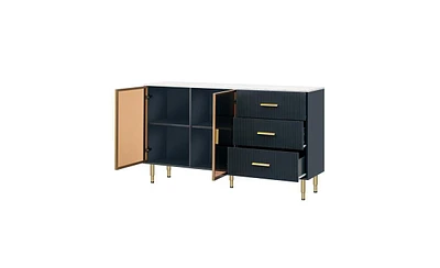 Slickblue Modern Mdf Sideboard Buffet Cabinet with Marble Top, Amber-Yellow Glass Doors & Gold Metal Legs