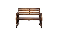 Slickblue Rustic 2-Person Wooden Wagon Wheel Bench – Slatted Seat and Backrest, Brown Finish