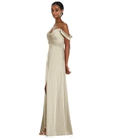 Dessy Collection Plus Size Off-the-Shoulder Flounce Sleeve Empire Waist Gown with Front Slit