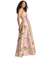 Womens Boned Corset Closed-Back Floral Satin Gown with Full Skirt