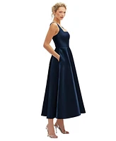 Square Neck Satin Midi Dress with Full Skirt & Pockets