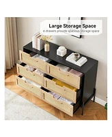 gaomon 6 Drawers Dresser For Bedroom, Natural Rattan Drawer With Spacious Storage, Wood Chest Of Drawers With Metal Legs For Bedroom, Living Room, Hal