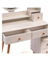 gaomon Stylish Bedroom Vanity Table With Cushioned Stool, Touch Control Led Mirror, 5 Drawers, Multiple Open Shelves