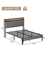 gaomon Queen Bed Frame with Charging Station, Led Bed Frame with Storage Headboard