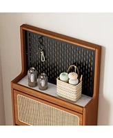 Slickblue Rattan Shoe Cabinet for Entryway with 3 Flip Drawers & Black Pegboard - Slim Freestanding Shoe Rack for Hallway