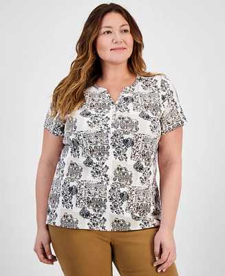 Style & Co Plus Printed Short-Sleeve Henley Tee, Exclusively at Macy's