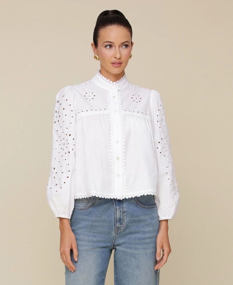 Avec Les Filles Women's Button-Front Long-Sleeve Eyelet Top