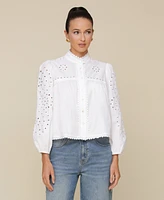 Avec Les Filles Women's Button-Front Long-Sleeve Eyelet Top