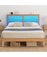 gaomon Full Size Bed Frame with Natural Rattan Headboard & Integrated Led Lights