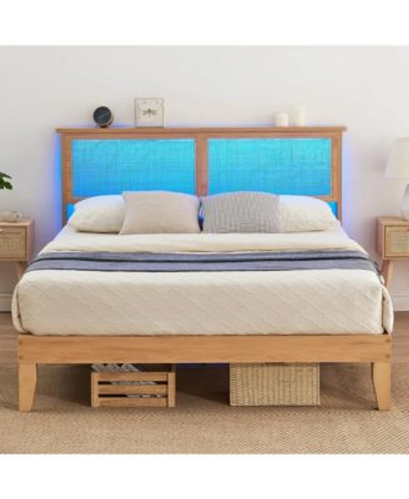 Gaomon Full Size Bed Frame With Natural Rattan Headboard Integrated Led Lights