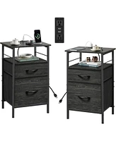 Wlive Nightstand Set of 2 with Charging Station, End Table with 2 Fabric Drawers for Storage, Small Bedroom Dresser, Side Table for Living Room