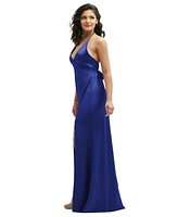 Plunge Halter Open-Back Maxi Bias Dress with Low Tie Back