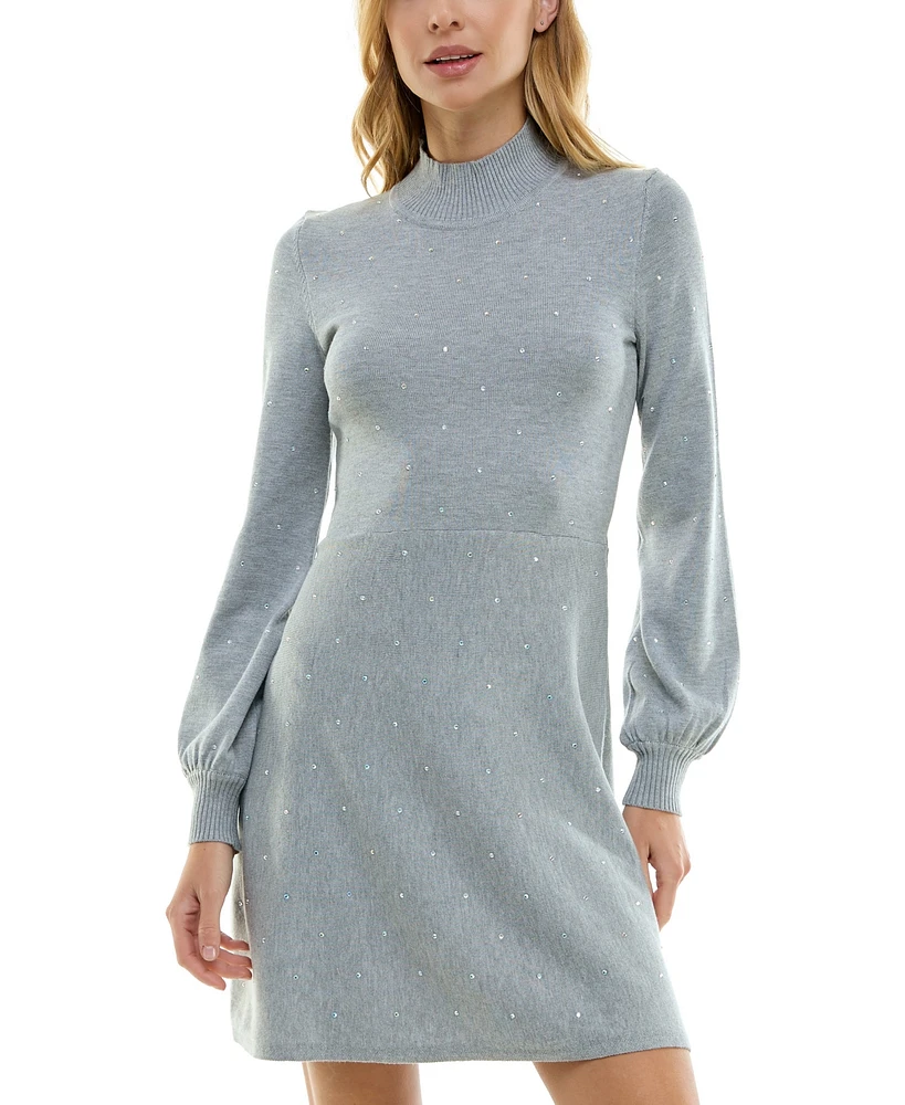 Crystal Doll Juniors' Rhinestone Turtleneck Blouson-Sleeve Sweater Dress