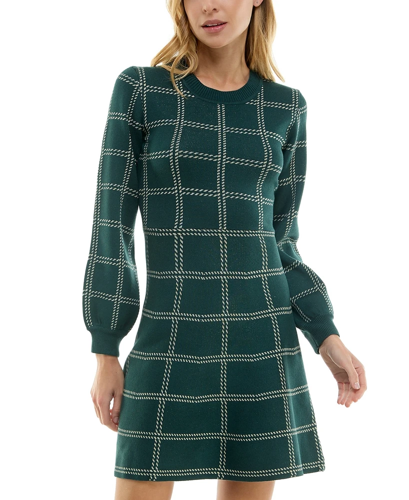 Crystal Doll Juniors' Windowpane Print Crewneck Long-Sleeve Sweater Dress