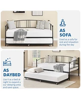 gaomon Twin Rectangular Metal Daybed with Trundle, Sofa Bed Frame 6 Casters and Steel Slat Support