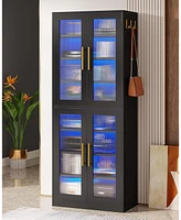 Tribesigns Bookcase with Doors and Led Light, 67-inch Tall Bookshelf 8-Tier Adjustable Shelves Hanging Hooks, Freestanding Storage Cabinet fo