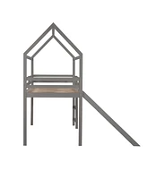 Slickblue Twin Loft Bed with Slide - Fun House Bed Design for Kids' Bedrooms, Perfect for Playtime and Sleepovers