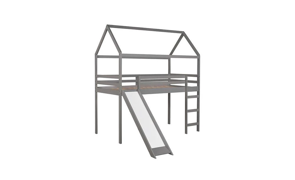 Slickblue Twin Loft Bed with Slide - Fun House Bed Design for Kids' Bedrooms, Perfect for Playtime and Sleepovers