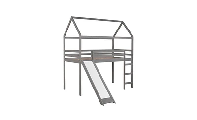 Slickblue Twin Loft Bed with Slide - Fun House Bed Design for Kids' Bedrooms, Perfect for Playtime and Sleepovers