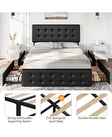 gaomon Queen Bed Frame with Headboard and 4 Storage Drawers, Platform Square Stitched Button Tufted