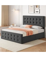 gaomon Queen Bed Frame with Headboard and 4 Storage Drawers, Platform Bed Frame Square Stitched Button Tufted