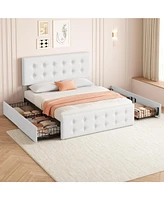 gaomon Full Bed Frame with Headboard and 4 Storage Drawers, Platform Square Stitched Button Tufted