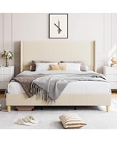 gaomon Queen Bed Frame, Upholstered Platform Corduroy Frame with Vertical Channel Tufted Wingback Headboard