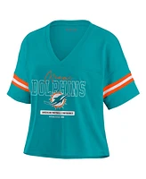 Wear by Erin Andrews Women's Aqua Miami Dolphins Color Block Boxy Modest Crop V-neck T-shirt