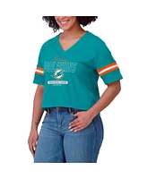 Wear by Erin Andrews Women's Aqua Miami Dolphins Color Block Boxy Modest Crop V-neck T-shirt