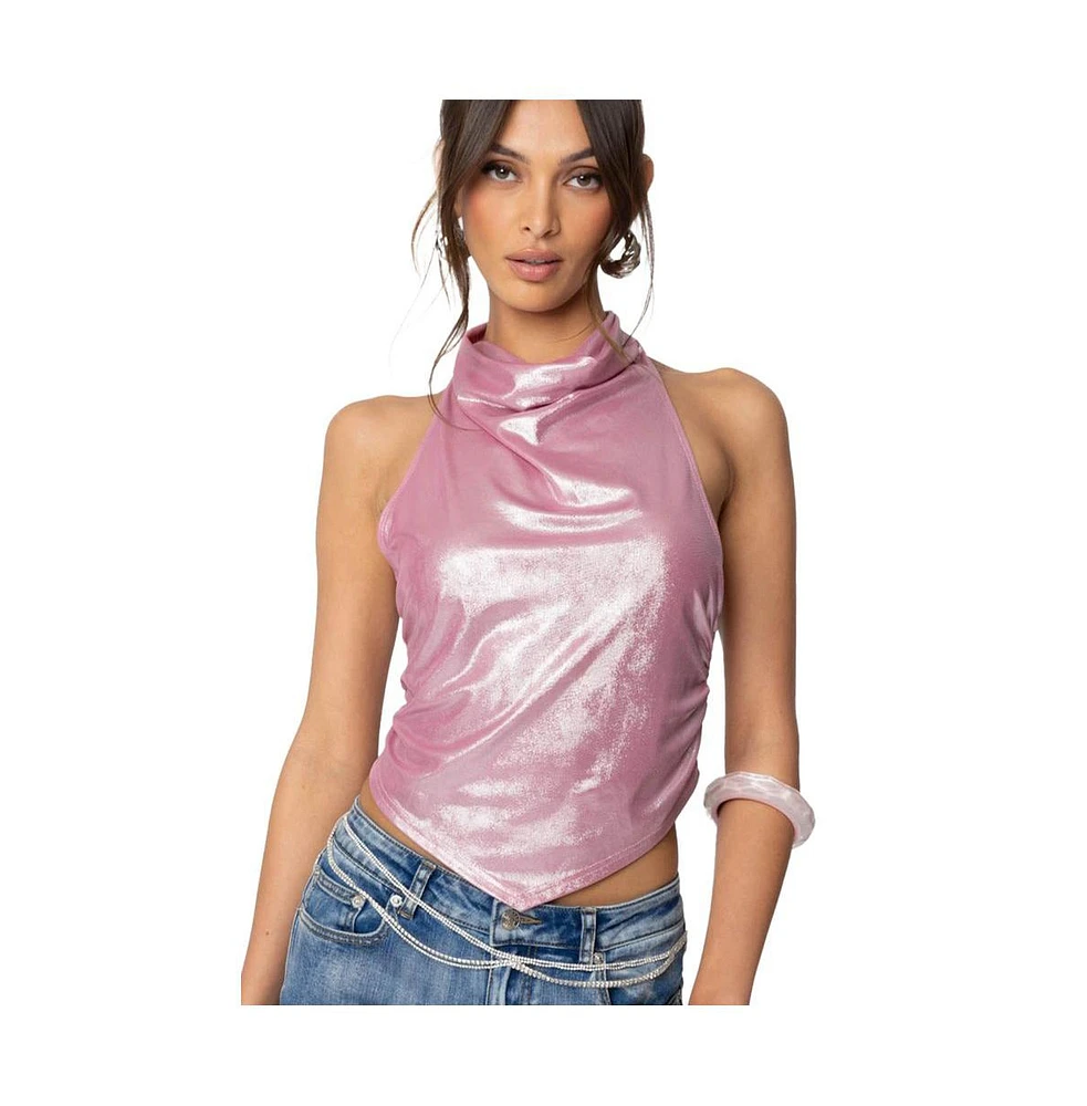 Edikted Women's Shiny Backless Cowl Neck Top