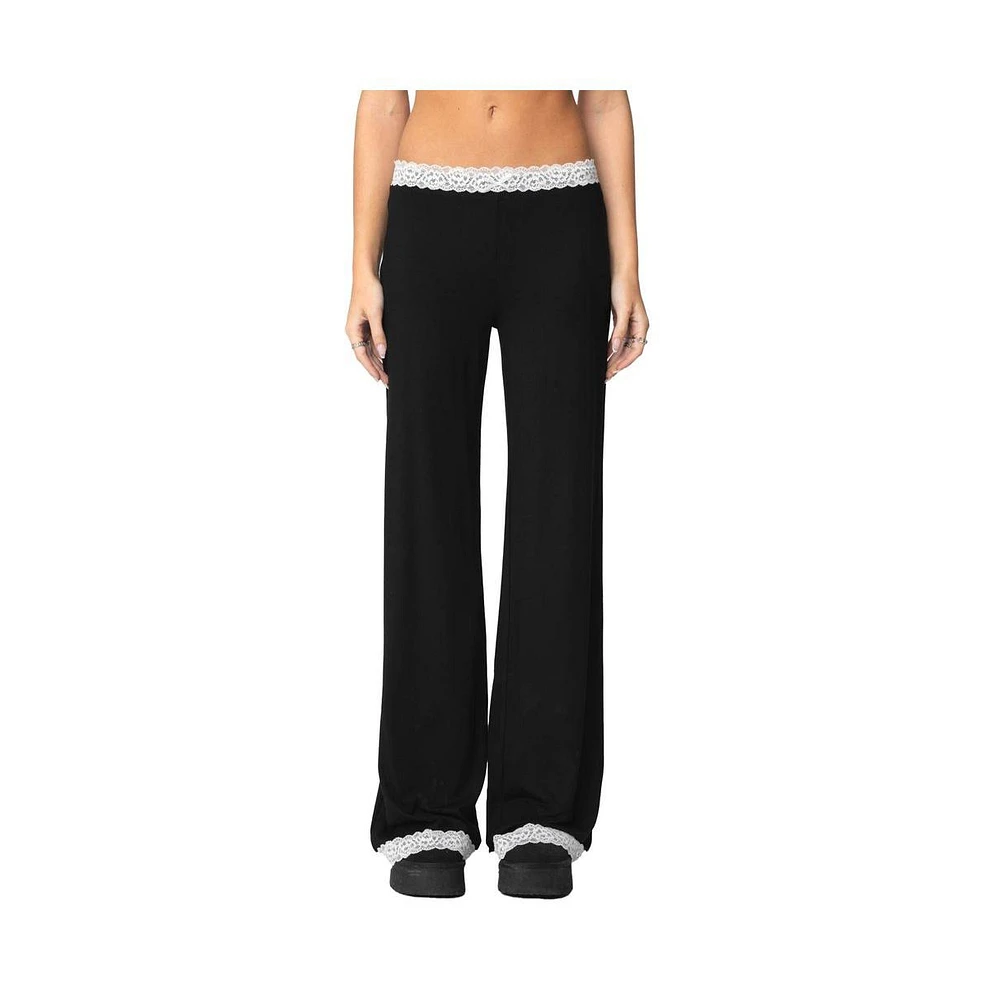 Edikted Womens Domino Contrast Lace Trim Pants