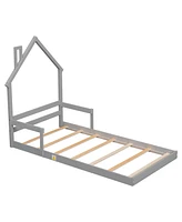 Slickblue Twin House-Shaped Floor Bed with Headboard and Handrails - Stylish Safe Sleeping Solution for Kids, Includes Slats