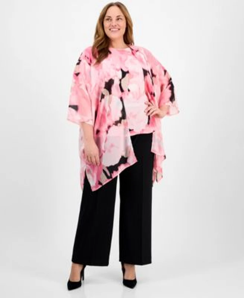 Anne Klein Plus Size Chiffon Kimono Printed Boat Neckline Blouse Pull On Mid Rise Wide Leg Pants