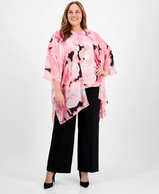 Anne Klein Plus Size Chiffon Kimono Printed Boat Neckline Blouse Pull On Mid Rise Wide Leg Pants