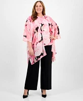 Anne Klein Plus Size Chiffon Kimono Printed Boat Neckline Blouse Pull On Mid Rise Wide Leg Pants