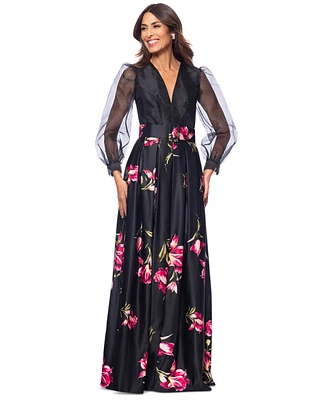 Betsy & Adam Women's Organza-Sleeve Floral Belted Gown