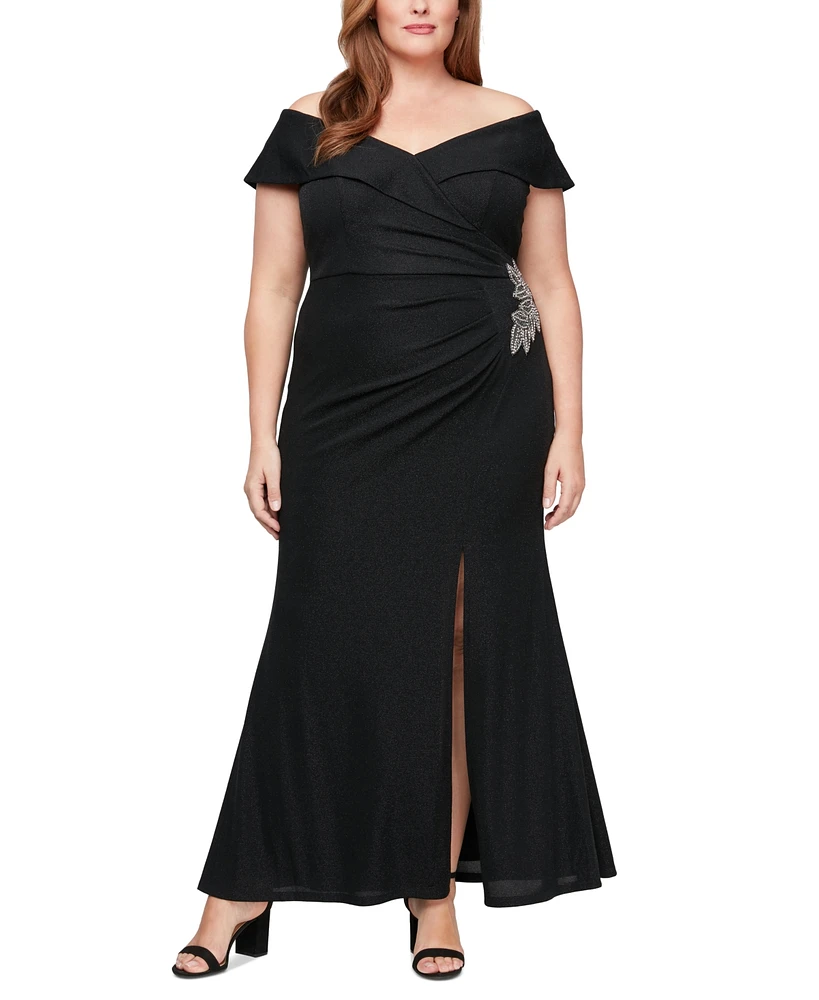 Alex Evenings Plus Long Off-the-Shoulder A-Line Dress