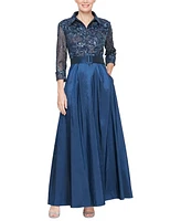 Alex Evenings Petite Embroidered Belted A-Line Shirtdress Gown