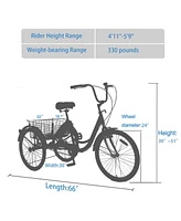 Streamdale Furniture Adult Tricycle Trikes,3-Wheel Bikes,24 Inch Wheels Cruiser Bicycles with Large Shopping Basket for Women and Men