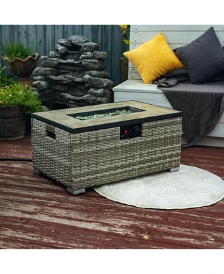 Streamdale Furniture Beige Rattan Fire Pit Table with Tank Holder and Ceramic Tile Tabletop