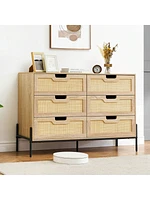 gaomon 6 Drawers Dresser For Bedroom, Natural Rattan Drawer With Spacious Storage, Wood Chest Of Drawers With Metal Legs For Bedroom, Living Room