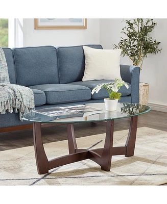 48 Inch Oval Glass Coffee Table, Cherry Round Coffee Table Center Table with Glass Top, Small Coffee Table for Living Room, Office and Apartment