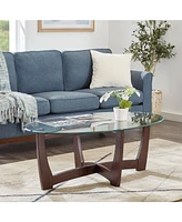 48 Inch Oval Glass Coffee Table, Cherry Round Coffee Table Center Table with Glass Top, Small Coffee Table for Living Room, Office and Apartment