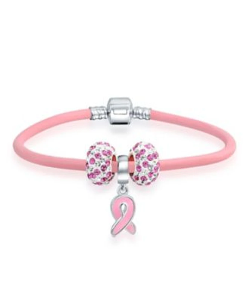 Bling Jewelry Support Breast Cancer Survivor Pink Ribbon Bead Charm Pink Leather Bracelet .925 Silver