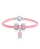 Bling Jewelry Support Breast Cancer Survivor Pink Ribbon Bead Charm Pink Leather Bracelet .925 Silver