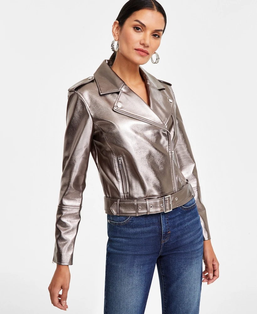 I.n.c. International Concepts Women's Metallic Moto Jacket, Created for Macy's