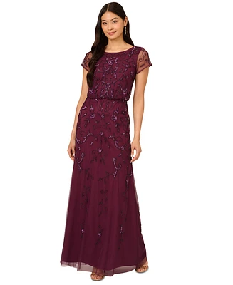 Adrianna Papell Petite Boat-Neck Short-Sleeve Beaded Blouson Gown